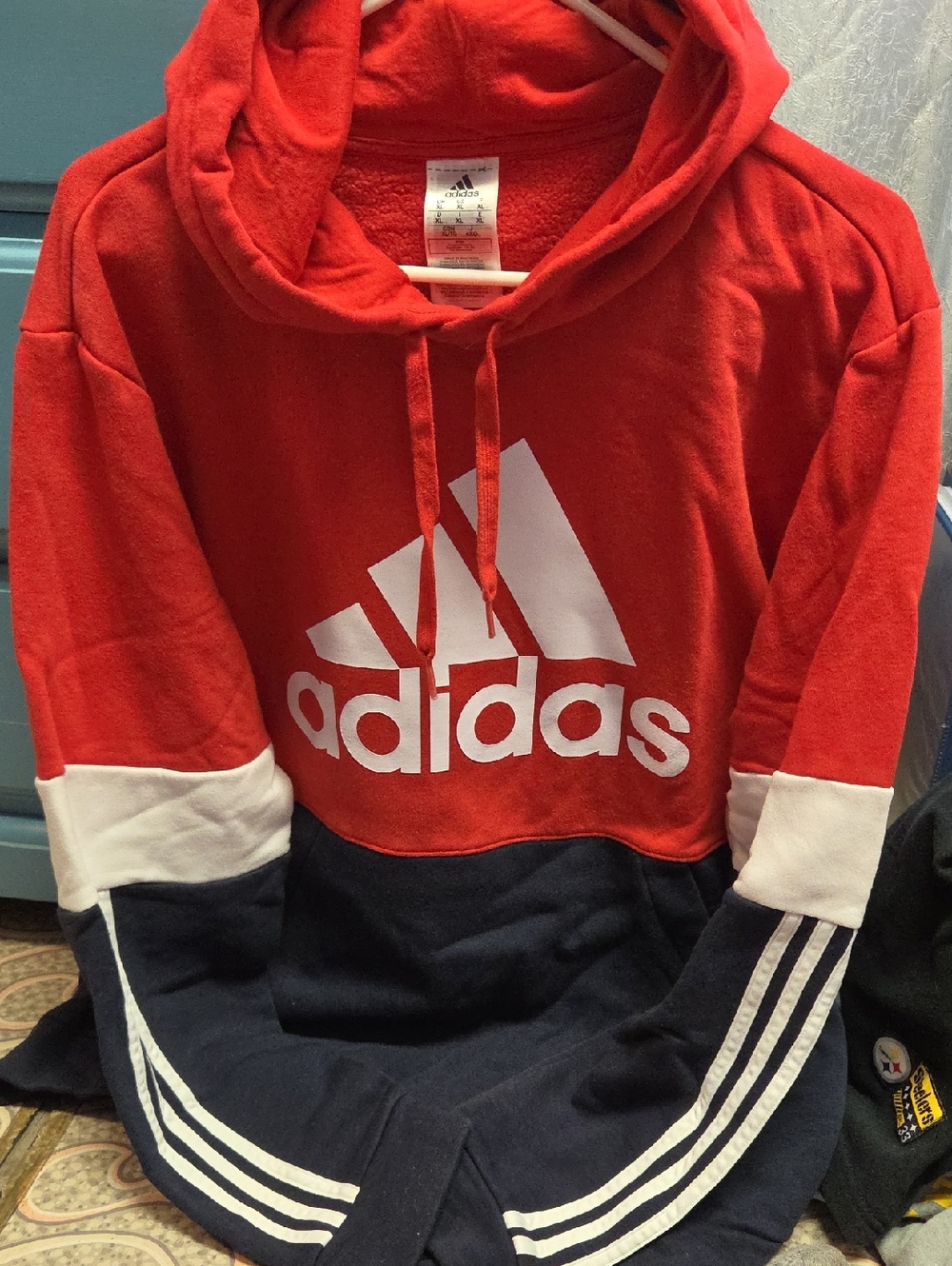 adidas Red and Navy Colorblock Hoodie with White Logo